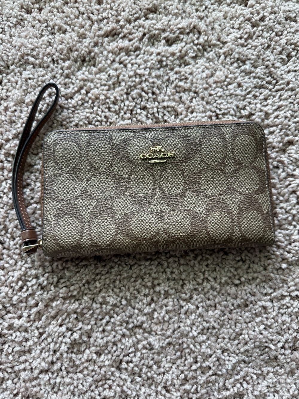 Coach Monogram Logo Brown Zip Around Wristlet Wallet